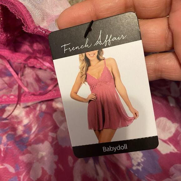 French Affair Purple Floral Babydoll Nightie & G-String Panty Lingerie Set Sz L - Picture 2 of 9